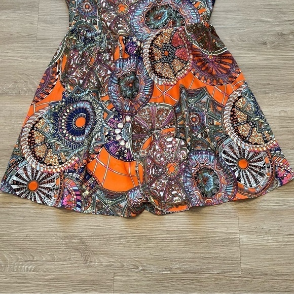 Ark & Co A-Line Cap Sleeve Mini Dress Boho Orange Multicolor Lined Back Zip Sz L - Picture 3 of 11